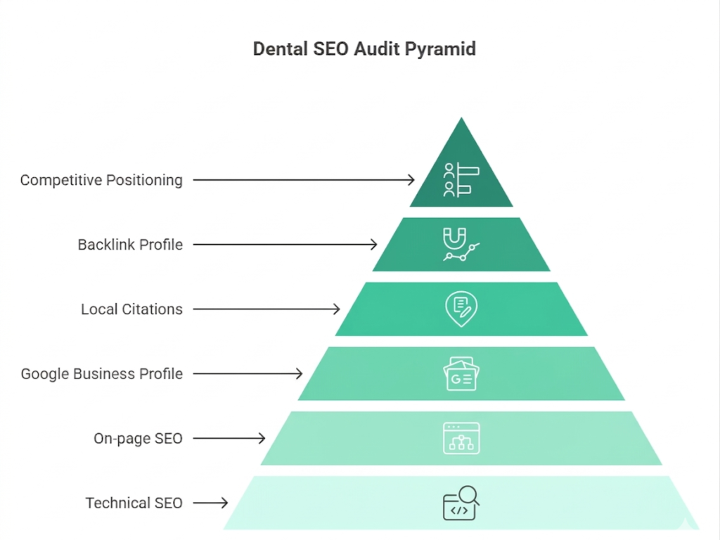 Dental SEO audit checklist showing six areas: technical SEO, on-page SEO, Google Business Profile, local citations, backlinks, and competitive positioning.