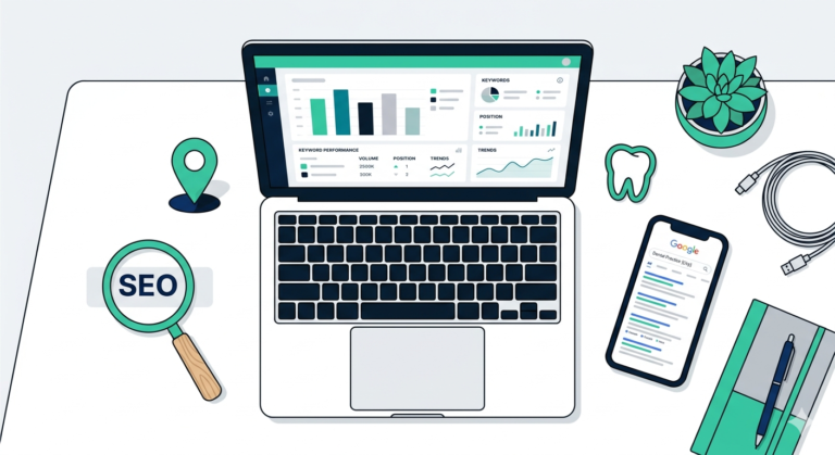 Dental SEO keywords strategy illustration showing keyword research data, search results, and local SEO elements for dental practices