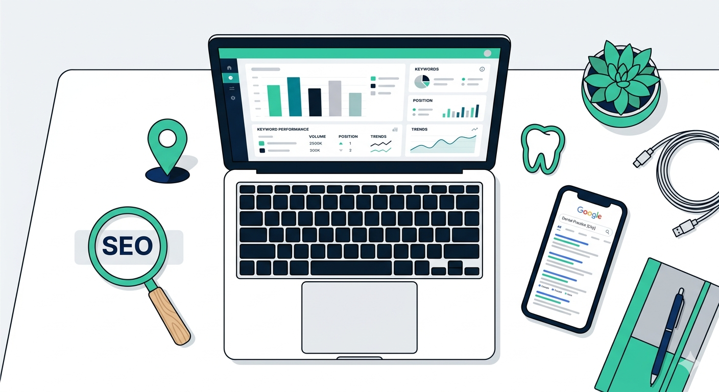 Dental SEO keywords strategy illustration showing keyword research data, search results, and local SEO elements for dental practices