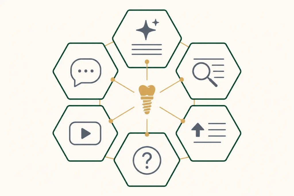 Dental implant patient research across multiple AI search surfaces in 2026 including Google AI Overview, ChatGPT, Perplexity, Reddit threads, and YouTube, showing how implant patients now sample from six information sources before contacting a practice