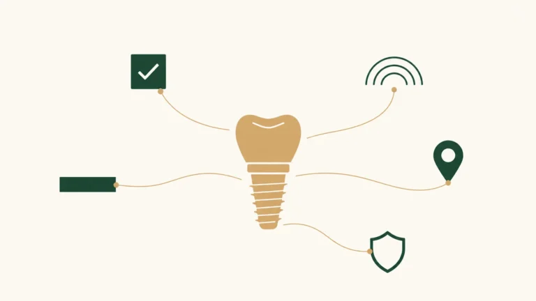 Dental implant marketing as an integrated patient acquisition system with the implant as the strategic centerpiece, connected to patient segmentation, multi-channel reach, local SEO, and HIPAA compliance pillars