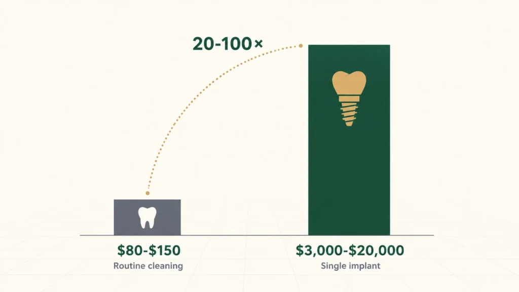 Revenue gap bar chart comparing routine cleaning revenue $80 to $150 versus single dental implant revenue $3,000 to $20,000, showing the 20 to 100 times difference that makes dental implant marketing a distinct patient acquisition discipline