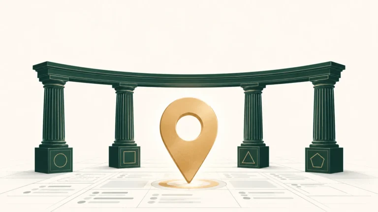 Complete dental SEO guide visual showing four foundational pillars: on-page content, technical health, local search, and backlinks, with a Google Business Profile element highlighted as the central asset