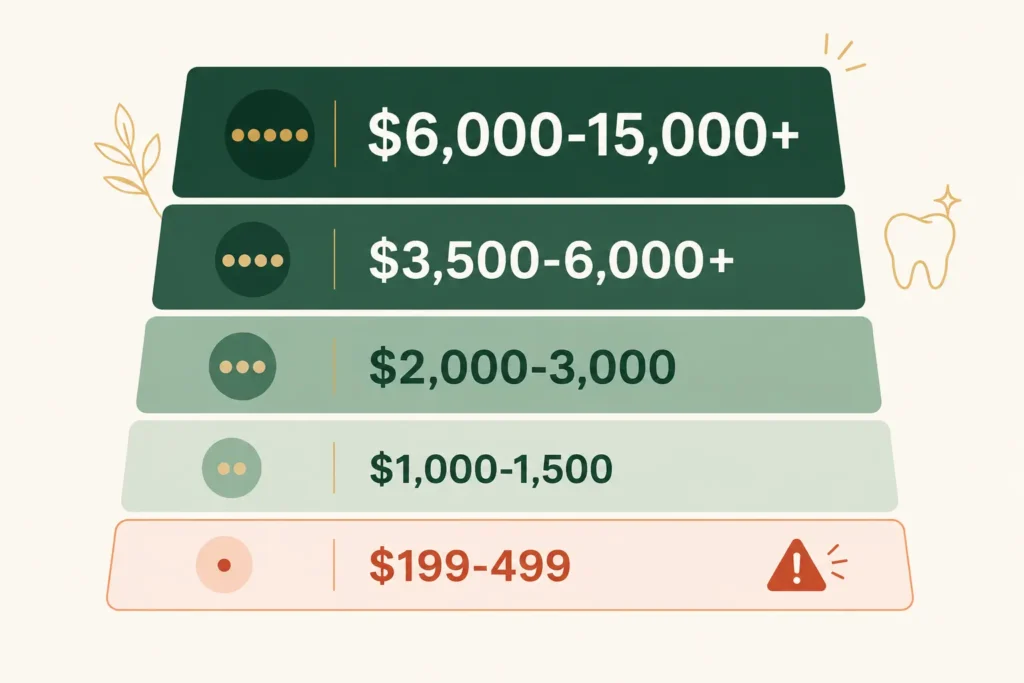 Realistic dental SEO pricing tiers in 2026, ranging from bargain red-flag tier at $199 monthly to enterprise tier at $15,000+ monthly across the best dental SEO companies