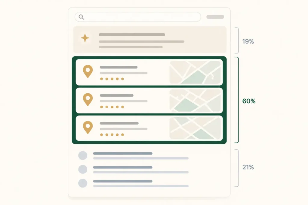 Dental SEO SERP features visualization comparing AI Overview and Local Pack prevalence across patient search queries, showing Local Pack dominance at 60% of total search volume