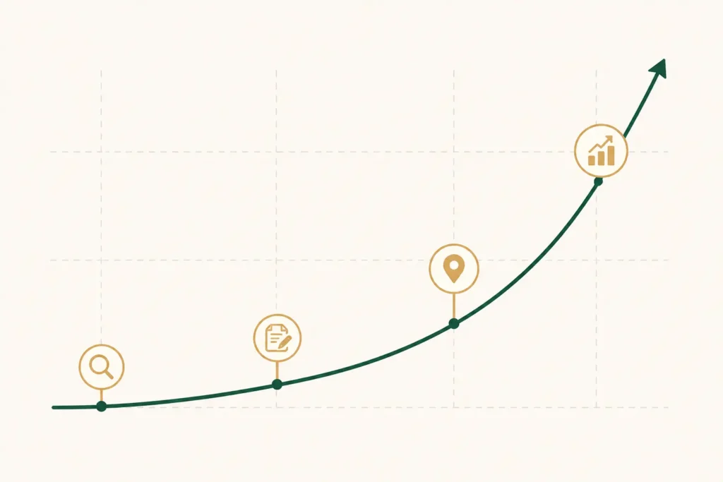 Dental SEO results timeline from 0 to 12 months, showing progression from baseline data collection to compound returns through technical fixes, content publication, and Map Pack ranking