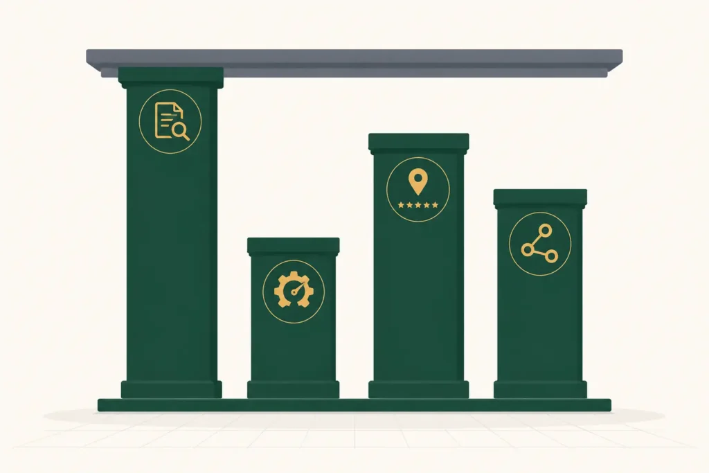 Four pillars of dental SEO visualized as connected building blocks: on-page optimization, technical SEO, local SEO, and off-page backlinks, with proportional effort allocation