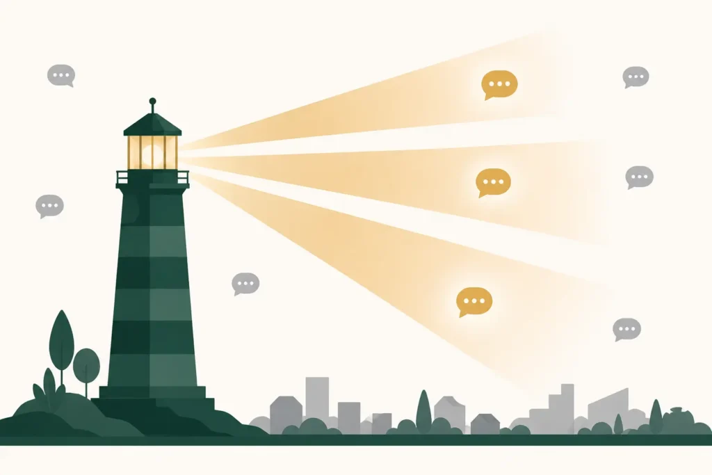 Local SEO beacon visibility for dental implant practices showing a lighthouse casting beams of light over a city with patient query indicators within reach, representing how Google Business Profile optimization and local pack rankings capture near-me implant searches
