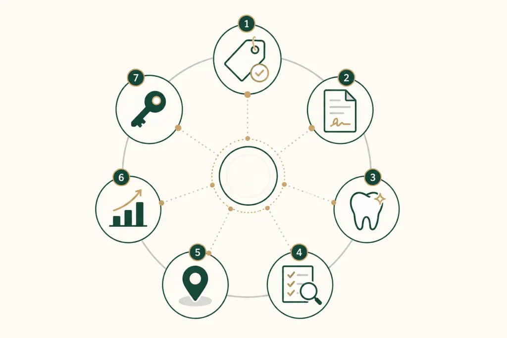 Seven criteria framework for evaluating the best dental SEO companies: pricing transparency, contract flexibility, dental specialization, audit methodology, GBP fluency, reporting clarity, and ownership